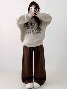 2025 Autumn/Winter Comfortable Letter Print Long Sleeve Pullover Sweater - Light Khaki - View 7