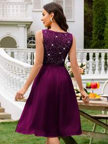 MIUSOL Deep V-Neck Sequin Lace Ruffle Hem Chiffon Ballgown Wedding Party - Maroon - View 3