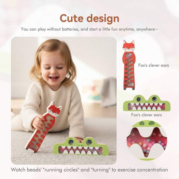 Baby Soothing Rattle Toy, Wooden Rain Sound Maker, Cartoon Crocodile & Fox Shaped Sound Toy, Auditory Stimulation & Focus Training Toy, Halloween, Christmas, Birthday Gift