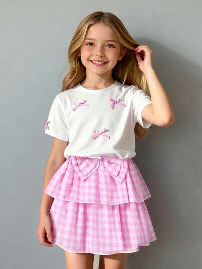 Toddler Girls' Plaid Bow Decor Short Sleeve Top And Skirt Set, Versatile For Summer