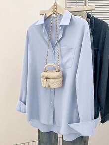 Blusa holgada de manga larga de color sólido para mujer, estilo casual, adecuada para ocasiones diarias y de oficina en otoño e invierno. - Azul - Ver 4