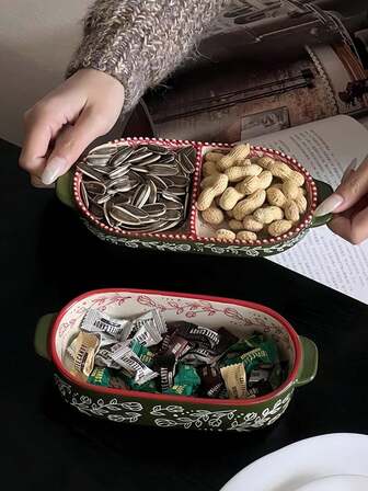 一套绿色葡萄叶纹双格托盘，高品质圆形双耳盘套装，蔬菜水果收纳盘，零食坚果糖果碟，首饰收纳盘，适用于家庭、餐厅、餐桌、储物