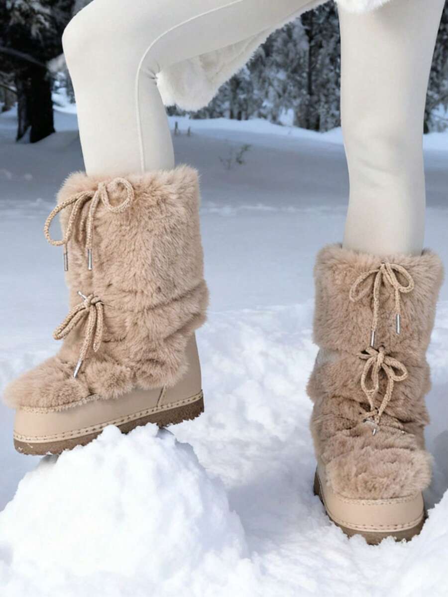 Faux Fur Boots For Women Winter Snow Boots Platform Lace Up Round Toe Boots Warm Snow Shoes Fluffy Winter Boots - 杏色 - 查看 1