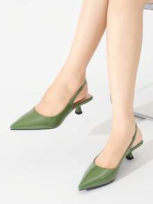 Women's Solid Color Pointed Toe Backstrap Kitten Heel Slingback Mules, Minimalist & Comfortable, Suitable For Everyday, Commute, Formal Occasions, Low Heel, PU Green Work Shoes, Autumn/Winter - Green - View 3