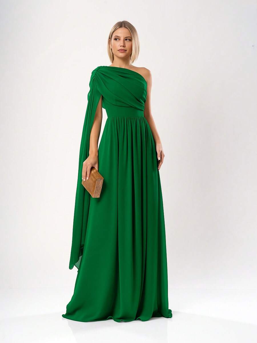 Luara Bridesmaid Long Dress In Shiny Chiffon With Thin Straps And Elegant Slit - Verde - Ver 1