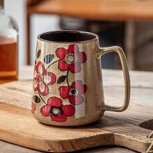 1pc 700ml Hand-Painted Floral Pattern Ceramic Coffee Mug - Multipurpose Kitchen & Dining Cup, Handmade Ceramic Mug & Water Cup - Multicolor - View 6