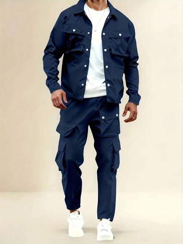 Conjunto de 2 piezas de chaqueta y pantalón cargo de corte slim casual y de moda para hombre