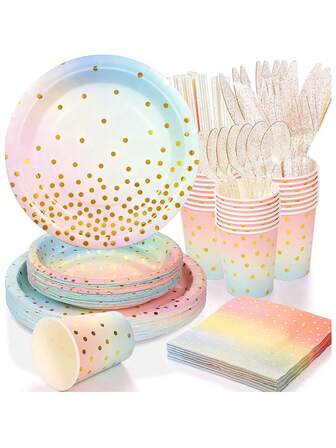 10/20 件彩色金色生日派对主题装饰品，彩虹和金色派对用品套装包括 7/9 英寸纸盘、餐巾、杯子，适用于生日派对、家庭聚会、野餐、生日派对装饰、婚礼订婚仪式装饰、派对装饰套件