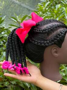 1pc Kinky Marley Ponytail With Elastic Band Soft Hair Girl Braided With Bow Clip, Flower Clip In The End Ponytail - Black - View 11