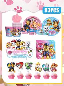 Paw Patrol Paw Patrol Party Zubehör Einweg-Dekorations-Geschirr Set, Paw Patrol Geschirr, Pappteller, Pappbecher, Servietten, Fahnen zum Aufstellen, Party Event Foto Dekorations-Zubehör, Geburtstags-Party und Feiertags-Party Einweg-Geschirr, geeignet für Familientreffen, Familienreunionen, Gender Reveal Party Events, Halloween, Erntedankfest, Valentinstag, Weihnachten, Schulanfang, Muttertag