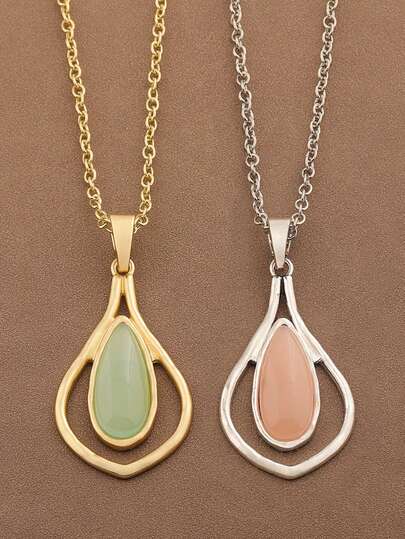1 Piece Fashionable Matte Gold/Silver Color Large Teardrop Faux Jade Pendant Necklace, Water Drop Imitation Jade Charm Pendants Chain Statement Necklace For Women's Daily Wear 24"+2" Extend Chain