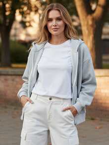 Women's Spring Autumn Hooded Sweatshirt Long Sleeve Solid Color Zip Up Hoodie With 2 Pockets - Grey - View 4