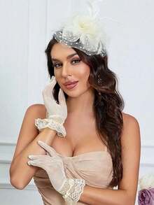 3pcs Fascinator With Lace Gloves Feather Tea Party Hat For Horse Racing Flower Kentucky Derby Hat For Women&Girls Mother's Day Gift. - 戴手套的風格 - 查看 3