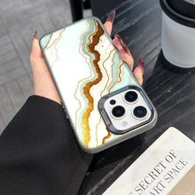 Colorful Silver Apple Phone CaseAbstract Marble With Gold Veins And Light Blue StreaksCompatible With  11 To  17 Models The Cases Lens Protection Function Ensures The Camera Remains Undamaged During Shooting  Guaranteeing Image Quality - 黑色 - 查看 3