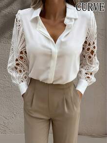 Plus Women's Lace Hollowed Out Long Sleeved Shirt - White - View 1