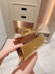 1 Túi cầm tay mini trang trí kim loại thời trang, Túi xách nữ đính thanh kim loại sáng bóng thanh lịch, Cảm giác sang trọng cho trang phục dạ hội, tiệc tùng, đám cưới, vũ hội, Bao gồm dây xích kim loại - Vàng - Xem 6