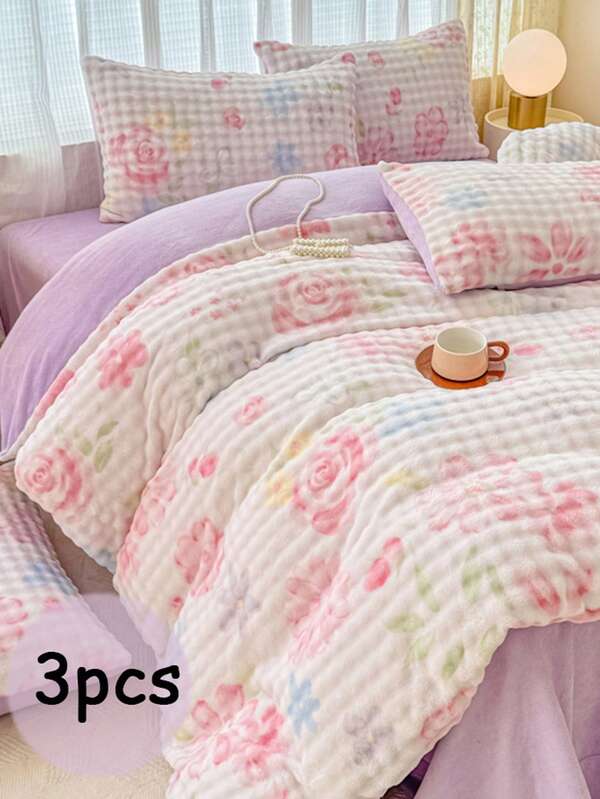 Juego de ropa de cama de 3 piezas, suave y acogedor, funda nórdica con estampado floral y de hojas, funda nórdica de piel de conejo degradada, juego de ropa de cama con decoración floral de estética francesa vintage, adecuado para otoño e invierno, incluye 1 funda nórdica (sin relleno) y 2 fundas de almohada (sin relleno)