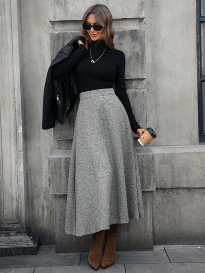 Mobula Sound Casual Elegant Button & Zipper Closure Flared Skirt, Versatile For Spring/Autumn, Suitable For Casual, Formal, Dates, Weddings, Photoshoots