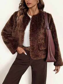 Dila Polly 女士纯色长袖开襟时尚百搭人造毛皮外套，可可棕色短款人造毛皮外套 - 棕色 - 查看 2