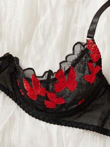 Sexy Black & Red Bow Embroidery Underwire Bra Set For Women - black red - View 3