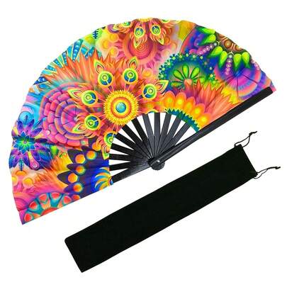 1pc Foldable UV Fluorescent Hand Fan, Bamboo Handle, Suitable For Men & Women, Chinese/Japanese Style Fan, Applicable For Parties, Music Festivals, EDM Parties, Decorations, Fluorescent Party Supplies, Singles Party, Valentine's Day Party, Wedding
