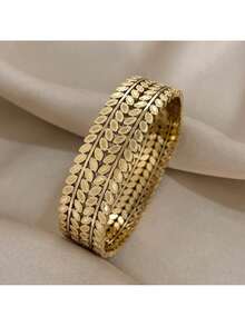 Vintage Hollow Leaf Stainless Steel Wide Bracelet - Gold Double Leaf Design, Waterproof Unisex Jewelry, Durable Luxurious Bracelet, Suitable Daily And Formal Occasions, Fashion Sequin Wristband, High-Quality Metal, Elegant Style, Great Choice
