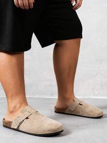 Wide Fit Men's Casual Solid Color Slip-On Mules, Comfortable Non-Slip Durable Soft Sole, Round Toe Design, Comfortable Fabric Upper, PVC Sole, Slip-On Closure, Suitable For Outdoor Activities All Year Round - Khaki - View 3