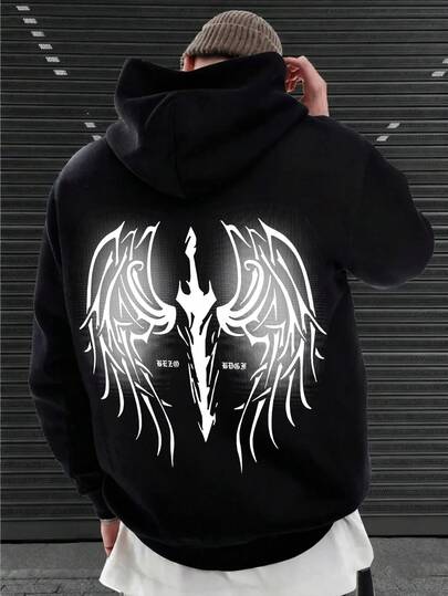 青少年男童黑色连帽卫衣，前后均印有翅膀图案，穿着舒适柔软，可机洗，休闲时尚，适合旅行、聚会和校园穿着。也适合上学、度假和购物。