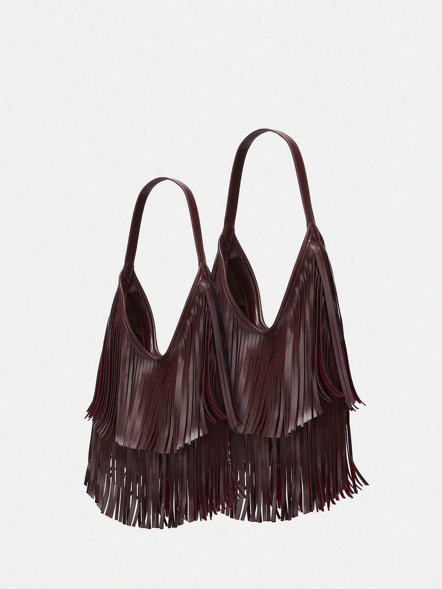 女士复古麂皮流苏单肩包、斜挎包、手提包 - 酒紅色 - 查看 1