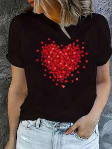 Summer BestsellersHeart Print Round Neck Teesupple - Black - View 1