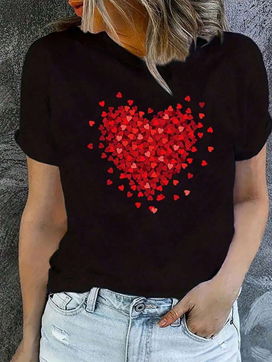 Summer BestsellersHeart Print Round Neck Teesupple - Black - View 1