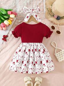 女婴可爱蝴蝶印花短袖连衣裙，夏季 - 紅色 - 查看 2