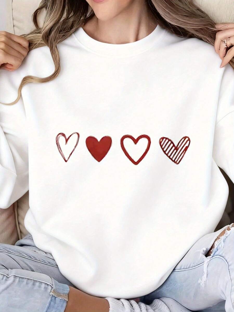 Women's Oversized Grey & Burgundy Heart Pattern Crewneck Sweatshirt - White Casual Sweater With Maroon Hearts, All-Season Layering Top, Machine Washable Round Neck Shirt For Valentine's Day & Casual AttireWomen's Sweatshirt - 白色 - 查看 1
