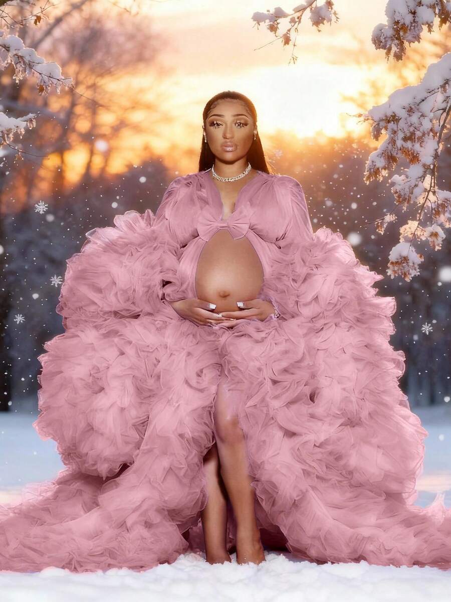 1 Piece Maternity Dresses Pregnant Gown For Photoshoot Christmas Sexy Mesh Fabric Ruffle Hem Wedding Kimono Women Dresses With Belt Tie Relax Fit Oversized - 藕粉色 - 查看 1