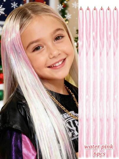 48" Holographic Hair Tinsel Kit Shining Silver Professional Sparkle Heat-Resistant Silk Hairpieces, Hair Accessories For Girls, Party Hair, Gifts For Girls (12PCS/6PCS)