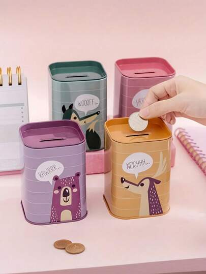 Romantic Forest Animal Theme Iron Art Piggy Bank & Pen Holder - Large Capacity Metal Piggy Bank Decorated With Romantic Patterns Of Wolf, Bear And Deer, Multifunctional Pen Holder, Ideal For Home Or Office Storage. Home Storage/Romantic Design/Durable, Piggy Bank, Best Gift For Valentine's Day, Ramadan