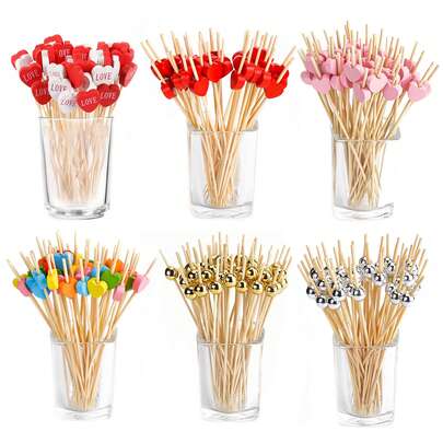 50pcs/100pcs Valentine's Day Heart Dessert Fruit Bamboo Pick,For Valentine's Day Wedding Birthday Party DIY Cupcake Cocktail Fruit Fork Decoration