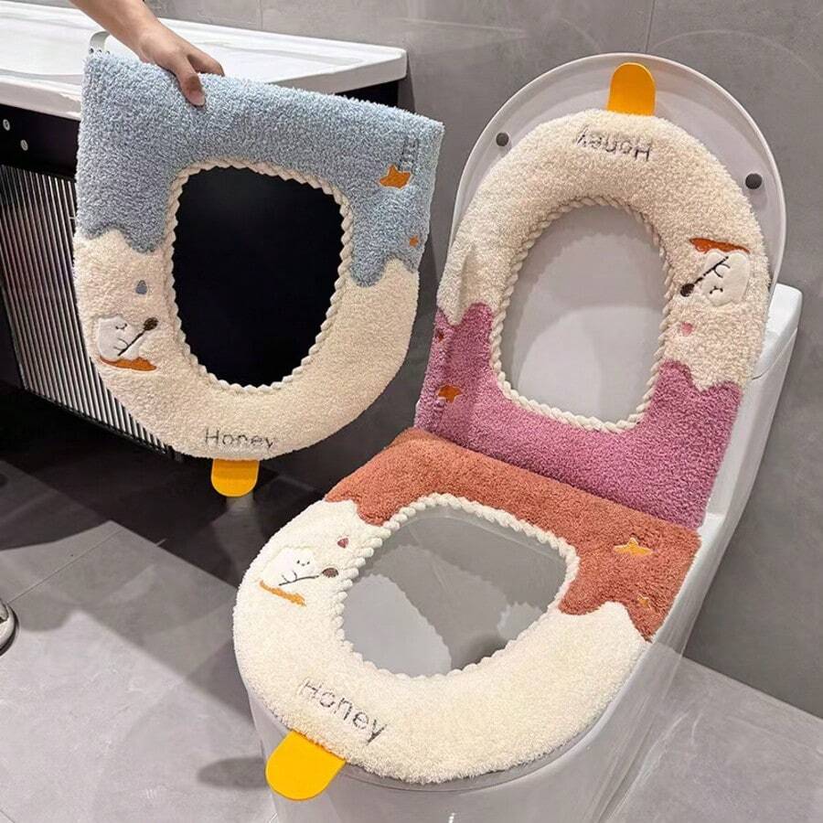 Soft, Thick, Warm & Elastic Washable Bathroom Toilet Seat Cushion Cover, Plush Toilet Seat Pad, Easy To Install, Comfortable Toilet Lid - Multicolor - View 1