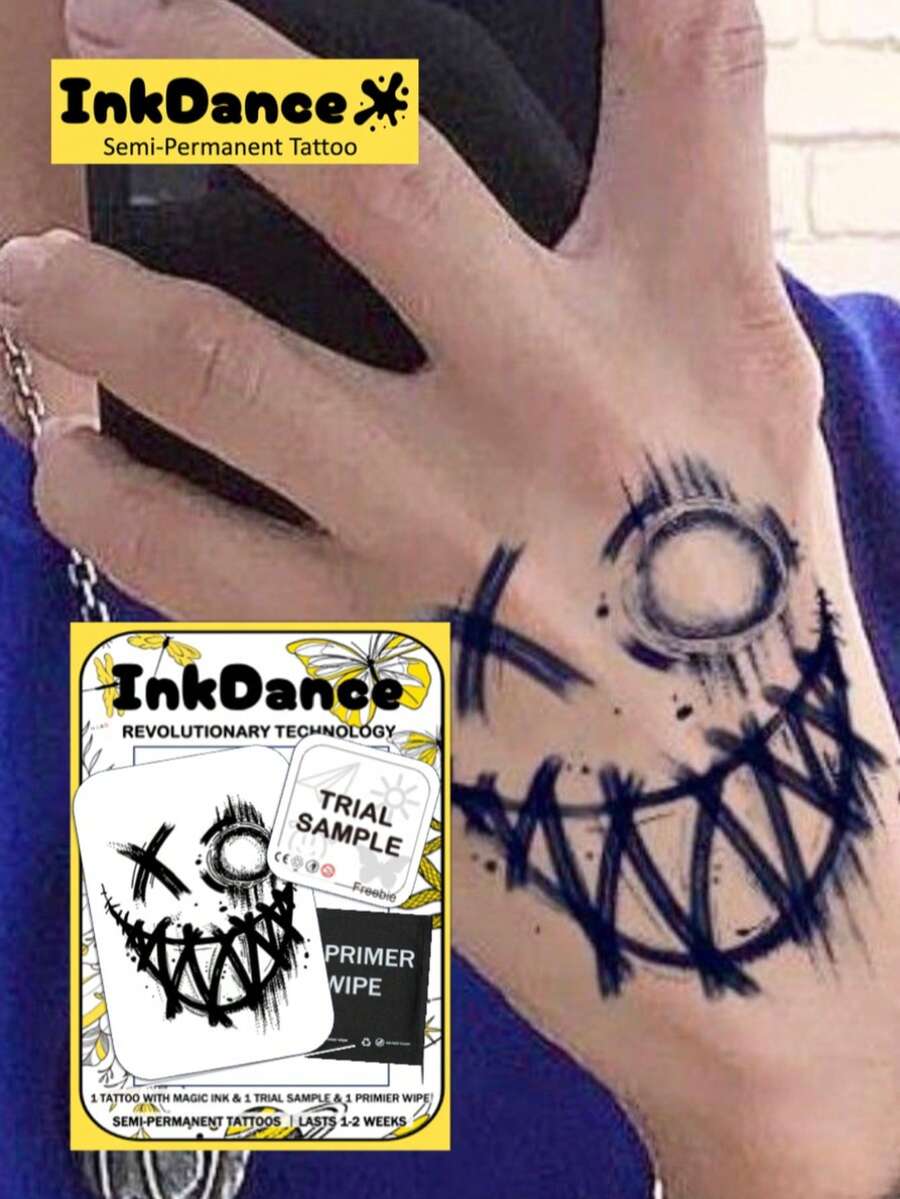 1 Set Grimace Revolutionary Technology Tattoo Stickers, Semi-Permanent Tattoos, Temporary Tattoos, Long-Lasting, Waterproof, Realistic Tattoo Effect, Plant-Based Formula, Product Number X001 - Black - View 1