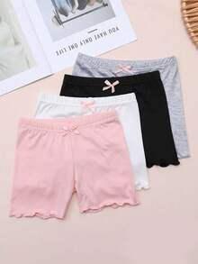 4pcs Girls' Bow Decor Shorts Safety Pants Ruffle Trim Briefs Underwear Loungewear, Suitable For All Seasons