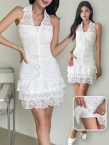 ARA CHIC Ladies' White Elegant Lace Ruffle Sleeveless Halter Bodycon Dress - Pure Desire Style Birthday & Vacation Dress - New Collection - White - View 2