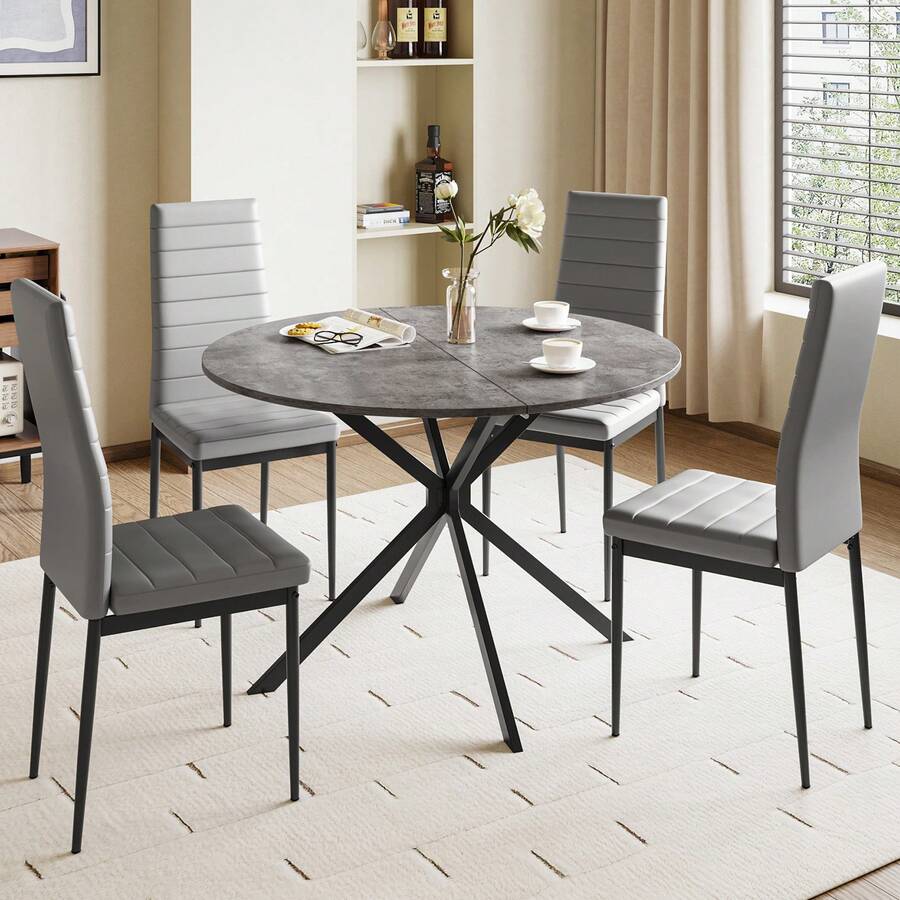 Dining Table And Chairs Set Of 2/4, Folding Round Dining Table With 2 PU Leather Chairs For Dining Room,Kitchen,Living Room - 灰色圓桌+4灰色橫線椅 - 查看 1