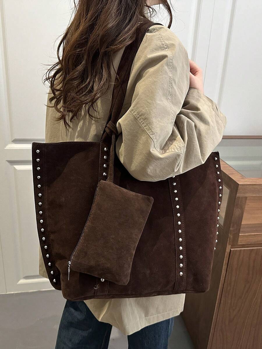 2025 Autumn Brown Large Capacity Commuter Handbag, Women's Fashion Rivet Decor Shoulder Bag, Unique Suede Design, Suitable For Dates, Daily, Shopping, Beach Vacation And Various Occasions - Coffee Brown - View 1