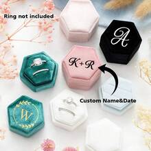 1 pieza Caja de anillo de terciopelo hexagonal personalizada, caja de anillo de boda y compromiso personalizada de una/dos ranuras, elegante caja de almacenamiento de anillos estilo retro, regalo de boda, regalo del Día de San Valentín - Multicolor - Ver 1