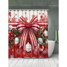 1pc Christmas 2D Flat Bathroom Shower Curtain Festive Red And Green Shower Curtain With Holly Bow Snowflakes Includes Hooks Non-Slip Bath U-Shaped Toilet Lid Cover And Rug Perfect Holiday Decor Gift Suitable For Bathroom Room Home Living Room Decoration Holiday