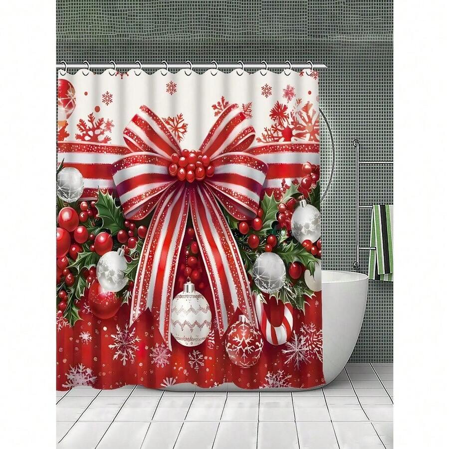 1pc Christmas 2D Flat Bathroom Shower Curtain Festive Red And Green Shower Curtain With Holly Bow Snowflakes Includes Hooks Non-Slip Bath U-Shaped Toilet Lid Cover And Rug Perfect Holiday Decor Gift Suitable For Bathroom Room Home Living Room Decoration Holiday