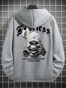 男士宽松保暖连帽衫，秋冬街头风格 - 灰色 - 查看 6