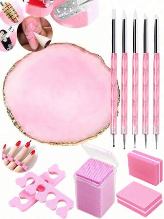 210pcs Pink Nail Art Tool Set Includes 5 Nail Art Brushes, 1 Resin Palette, Cleaning Wipes, A Toenail Separator, Mini Polishing Blocks For Nail Art Painting, A Nail Art Kit, And A DIY Makeup Display Board. It Is Suitable For Home And Nail Salon Use.