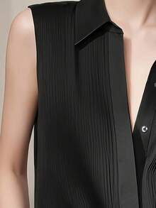 女士纯色无袖纽扣衬衫，优雅时尚，适合办公室、度假、休闲、约会、春/秋/夏季穿着。 - 黑色 - 查看 5