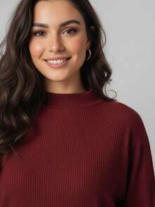 Women's Long Sleeve Batwing Blouse High Neck Loose Social Top - 酒紅色 - 查看 4